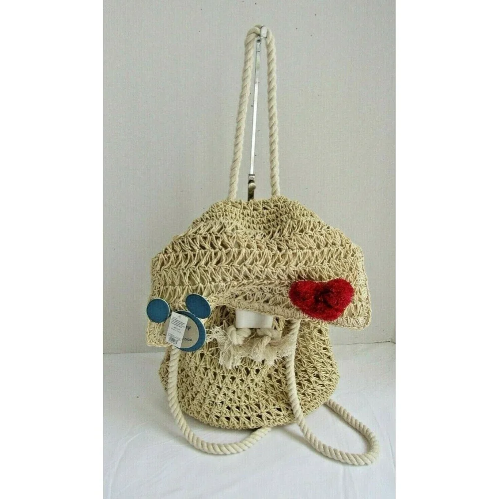 Disney Mickey Mouse Backpack Raffia Straw Drawstring Junk Food 90th Anniversary